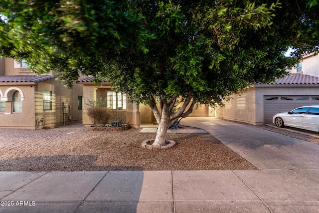 9350 W Williams St, Tolleson, AZ 85353 - view of property hidden behind natural elements with driveway, stucco siding, a tile roof, and a garage