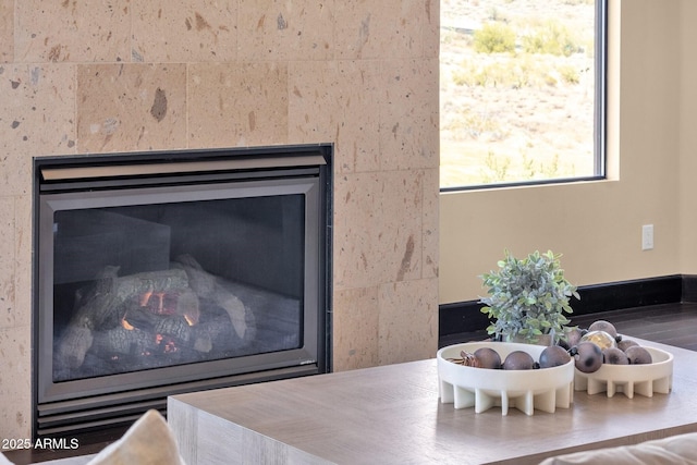 room details featuring a glass covered fireplace