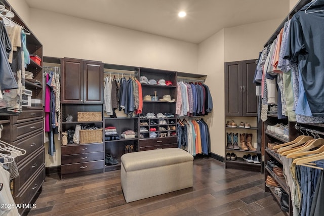 walk in closet featuring dark wood-style flooring