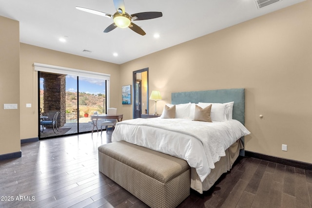 bedroom featuring visible vents, baseboards, access to exterior, and dark wood finished floors