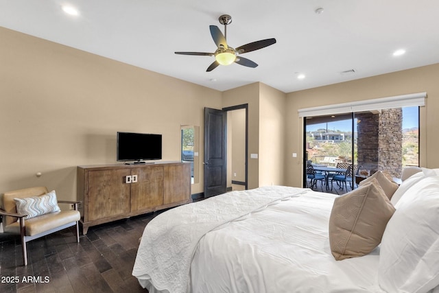 bedroom featuring visible vents, recessed lighting, dark wood-style flooring, ceiling fan, and access to exterior