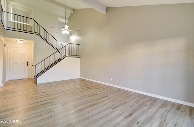 unfurnished living room featuring beam ceiling, high vaulted ceiling, light hardwood / wood-style flooring, and ceiling fan