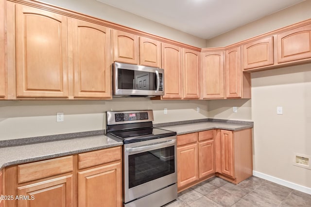 kitchen featuring stainless steel appliances and light brown cabinets