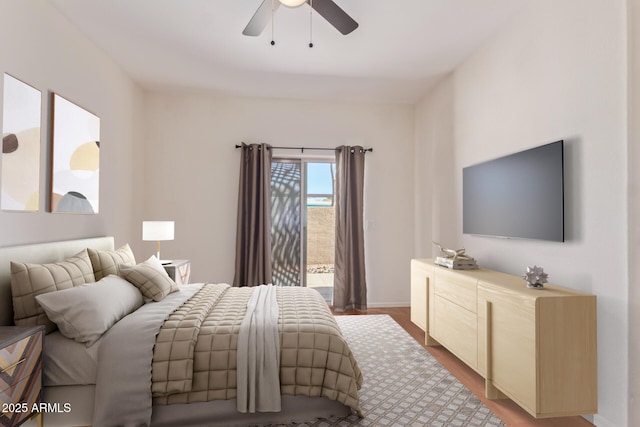 bedroom with ceiling fan and wood-type flooring