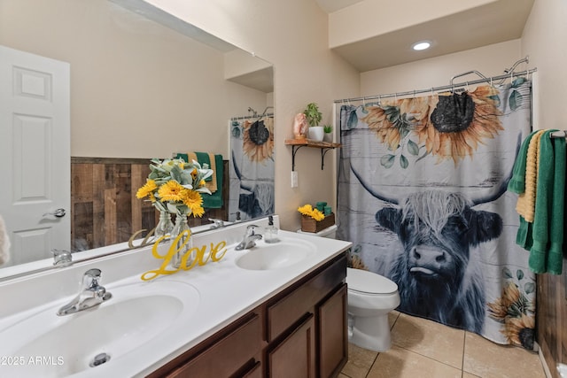 26032 W Quail Ave, Buckeye, AZ 85396 - bathroom with double vanity, toilet, tile patterned floors, and curtained shower