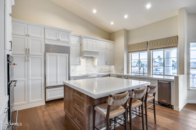 kitchen featuring paneled refrigerator, sink, white cabinets, and a kitchen island