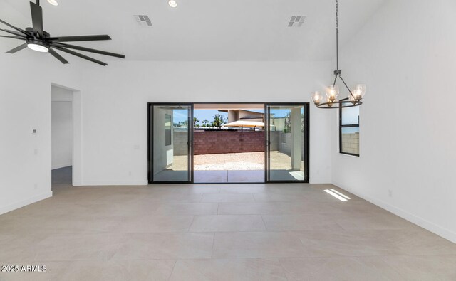 6727 N 9th Dr, Phoenix, AZ 85013 - spare room featuring a chandelier, baseboards, vaulted ceiling, ceiling fan, and recessed lighting