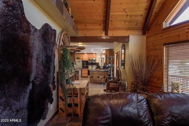 bedroom with beamed ceiling, wooden ceiling, high vaulted ceiling, and tile floors