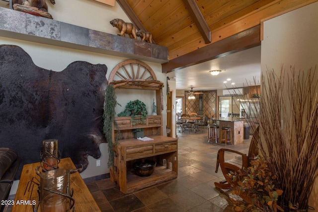 living room featuring wood ceiling, ceiling fan, tile floors, and lofted ceiling with beams