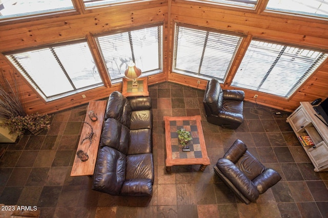 living room featuring dark tile floors and vaulted ceiling