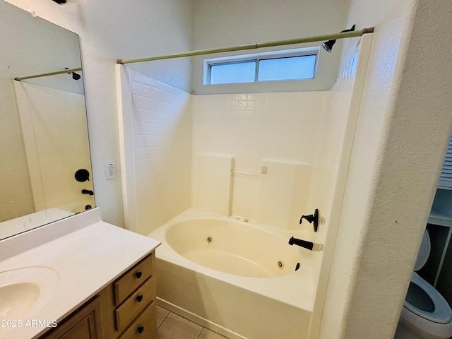 bathroom featuring tile patterned floors, vanity, and a combined bath / shower with jetted tub