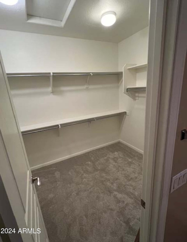 spacious closet featuring dark colored carpet