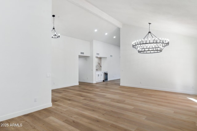 unfurnished living room featuring light hardwood / wood-style flooring, beamed ceiling, beverage cooler, and high vaulted ceiling