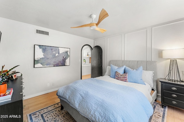 bedroom featuring ceiling fan and light hardwood / wood-style flooring