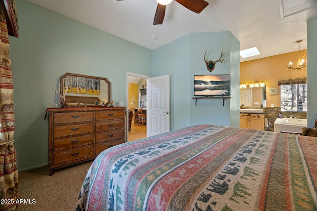 3123 S Indian Paint Ln, Pinetop, AZ 85935 - bedroom featuring a chandelier, ensuite bath, ceiling fan, carpet, and lofted ceiling