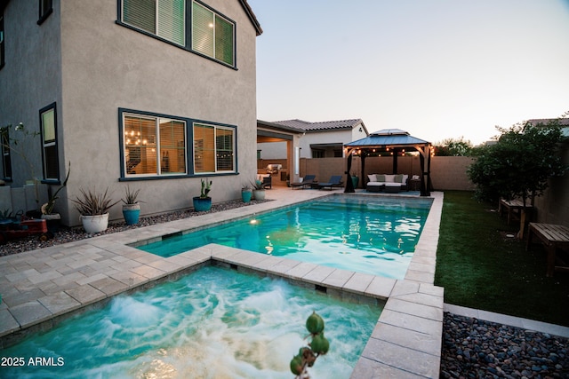 4226 E Coconino Pl, Chandler, AZ 85249 - view of swimming pool featuring a gazebo, an outdoor hangout area, a fenced backyard, and a patio area