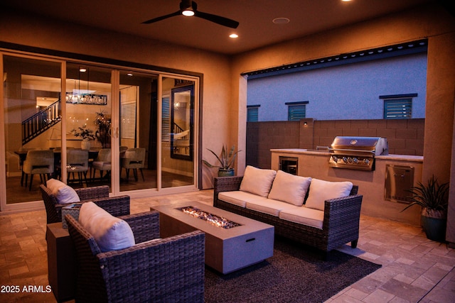 4226 E Coconino Pl, Chandler, AZ 85249 - view of patio with an outdoor living space with a fire pit, a ceiling fan, and wine cooler