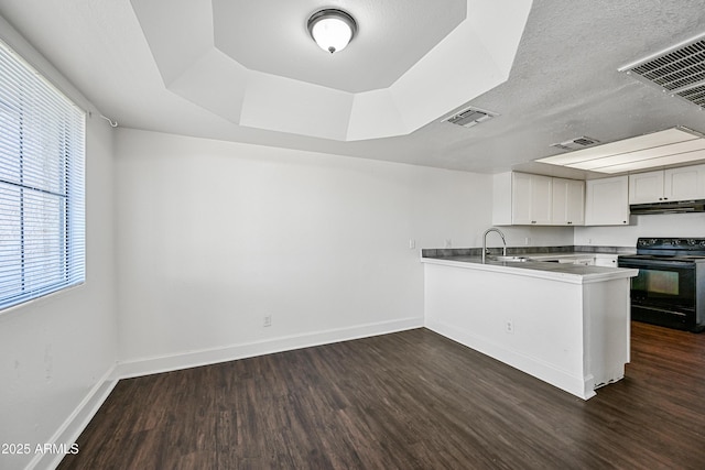 kitchen featuring a healthy amount of sunlight, dark hardwood / wood-style floors, black electric range oven, and kitchen peninsula