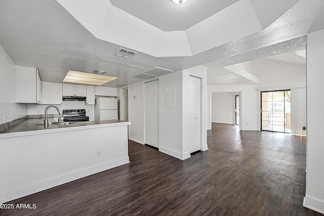 kitchen with sink, white cabinetry, white fridge, kitchen peninsula, and range with electric stovetop