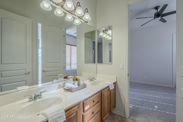 bathroom featuring ceiling fan, vanity, and tile patterned floors