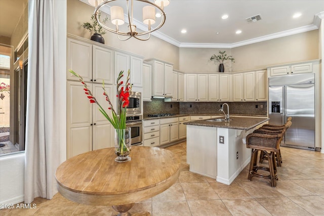 kitchen featuring visible vents, an island with sink, a sink, built in appliances, and tasteful backsplash