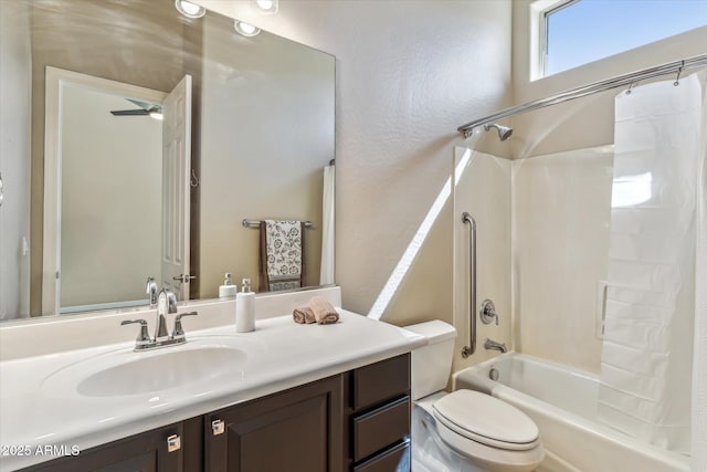 bathroom featuring vanity, toilet, and shower / tub combo with curtain