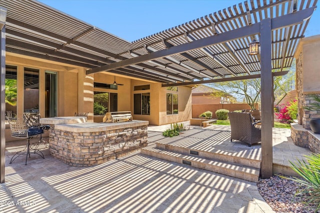 view of patio featuring area for grilling, a pergola, outdoor dining area, and fence