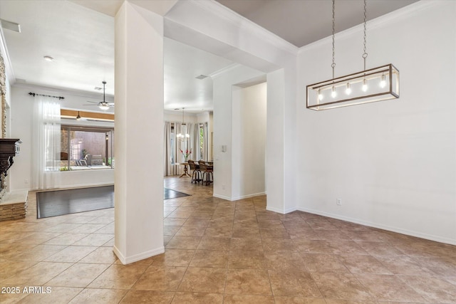 interior space featuring baseboards, a fireplace, ceiling fan, ornamental molding, and tile patterned floors