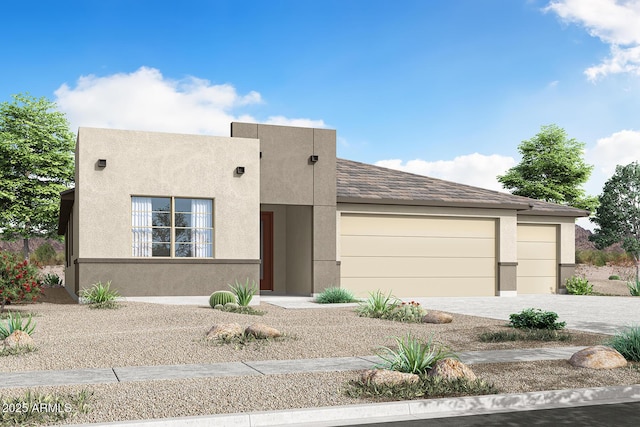 pueblo-style house with a garage, decorative driveway, and stucco siding