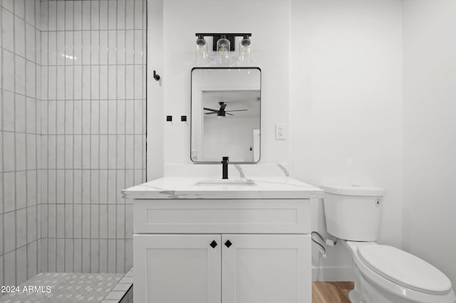 bathroom with a tile shower, wood finished floors, vanity, and toilet