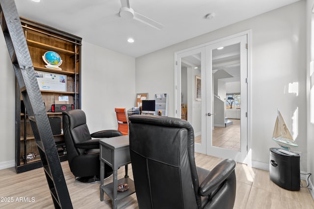 office space featuring recessed lighting, baseboards, a ceiling fan, and french doors