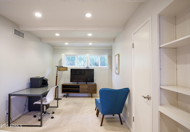 345 W Gardenia Dr, Phoenix, AZ 85021 - carpeted home office with beamed ceiling, visible vents, baseboards, and recessed lighting