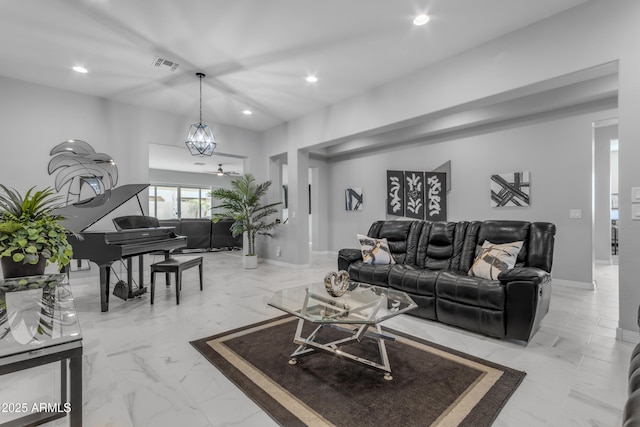 22837 E Silver Creek Ln, Queen Creek, AZ 85142 - living room featuring marble finish floor, recessed lighting, visible vents, a chandelier, and baseboards