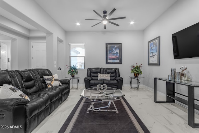 22837 E Silver Creek Ln, Queen Creek, AZ 85142 - living area featuring marble finish floor, baseboards, a ceiling fan, and recessed lighting