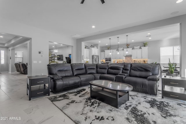 22837 E Silver Creek Ln, Queen Creek, AZ 85142 - living room featuring marble finish floor, plenty of natural light, and recessed lighting