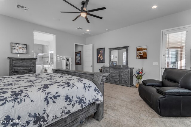 22837 E Silver Creek Ln, Queen Creek, AZ 85142 - bedroom featuring a ceiling fan, recessed lighting, visible vents, and light carpet