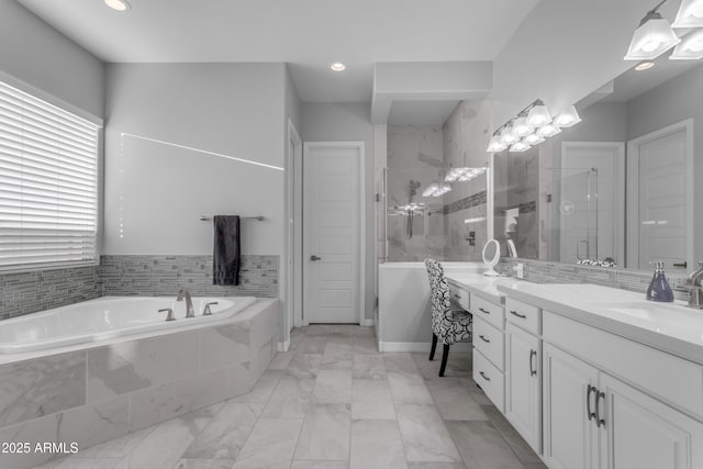 22837 E Silver Creek Ln, Queen Creek, AZ 85142 - bathroom featuring recessed lighting, a garden tub, a shower stall, and vanity