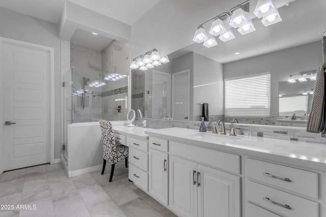 22837 E Silver Creek Ln, Queen Creek, AZ 85142 - bathroom featuring marble finish floor, a shower stall, and vanity