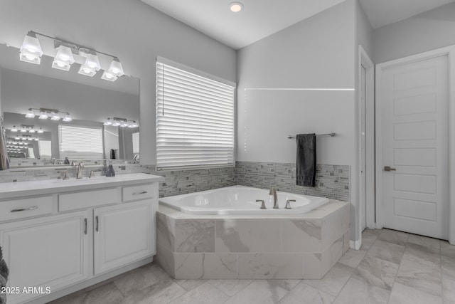 22837 E Silver Creek Ln, Queen Creek, AZ 85142 - bathroom with marble finish floor, vanity, and a bath