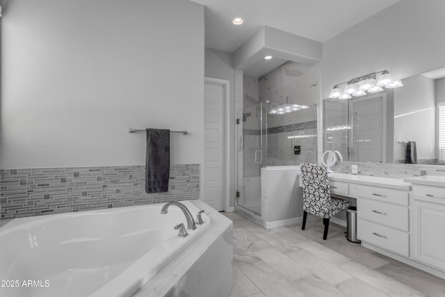 22837 E Silver Creek Ln, Queen Creek, AZ 85142 - bathroom featuring a shower stall, vanity, and a bath