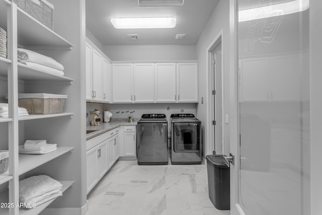 22837 E Silver Creek Ln, Queen Creek, AZ 85142 - washroom featuring cabinet space, visible vents, marble finish floor, and separate washer and dryer