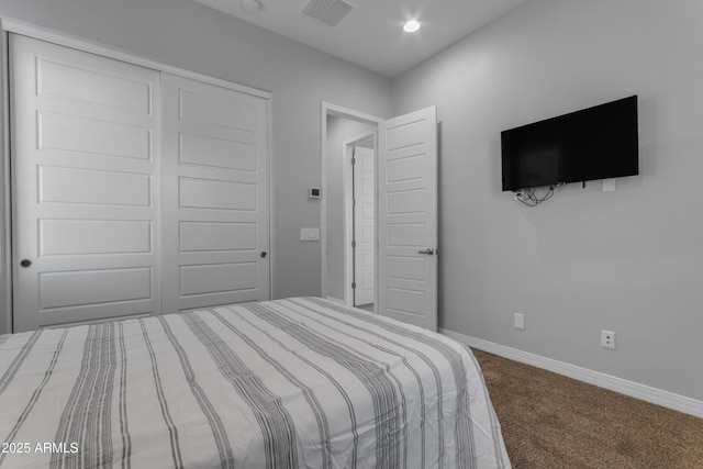 22837 E Silver Creek Ln, Queen Creek, AZ 85142 - bedroom with recessed lighting, carpet flooring, visible vents, baseboards, and a closet