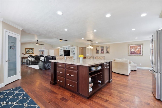 1670 E Whitten St, Chandler, AZ 85225 - kitchen featuring open floor plan, freestanding refrigerator, crown molding, dark wood-type flooring, and a ceiling fan