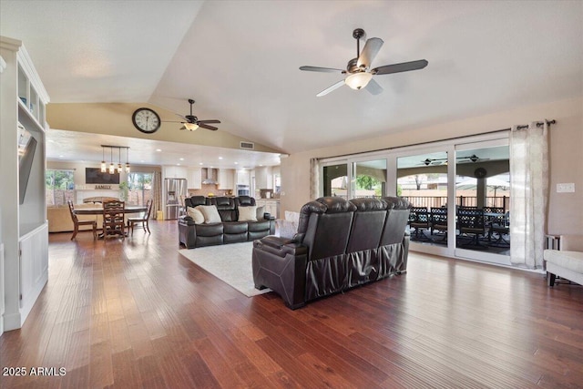 1670 E Whitten St, Chandler, AZ 85225 - living room with ceiling fan, dark wood finished floors, vaulted ceiling, and a chandelier