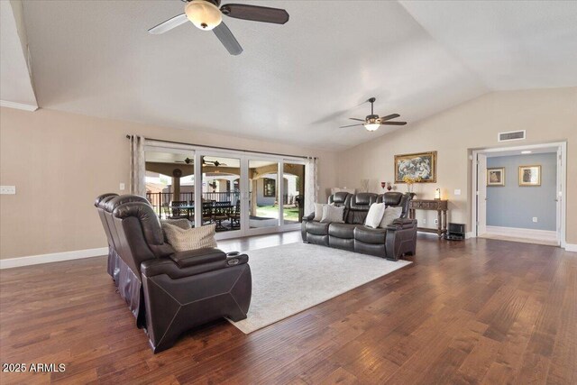 1670 E Whitten St, Chandler, AZ 85225 - living room with ceiling fan, lofted ceiling, dark wood-style flooring, and baseboards