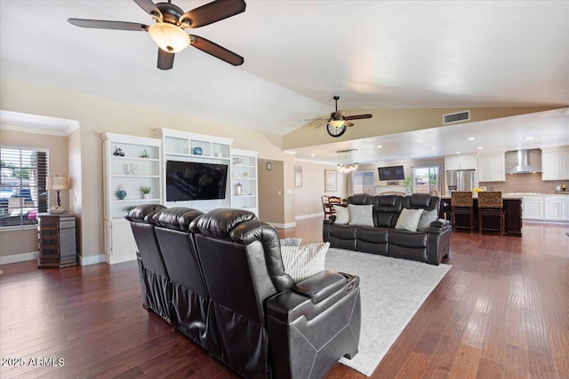 1670 E Whitten St, Chandler, AZ 85225 - living room featuring ceiling fan, lofted ceiling, plenty of natural light, dark wood-style floors, and baseboards