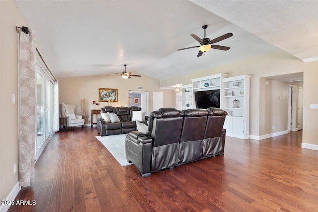 1670 E Whitten St, Chandler, AZ 85225 - living area featuring ceiling fan, dark wood-style floors, lofted ceiling, and baseboards