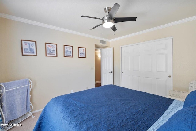 1670 E Whitten St, Chandler, AZ 85225 - bedroom featuring ornamental molding, carpet flooring, a ceiling fan, a closet, and baseboards