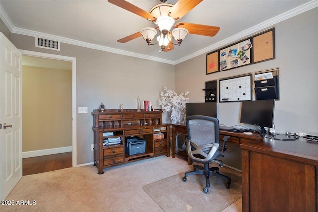 1670 E Whitten St, Chandler, AZ 85225 - carpeted office with ornamental molding, a ceiling fan, and baseboards