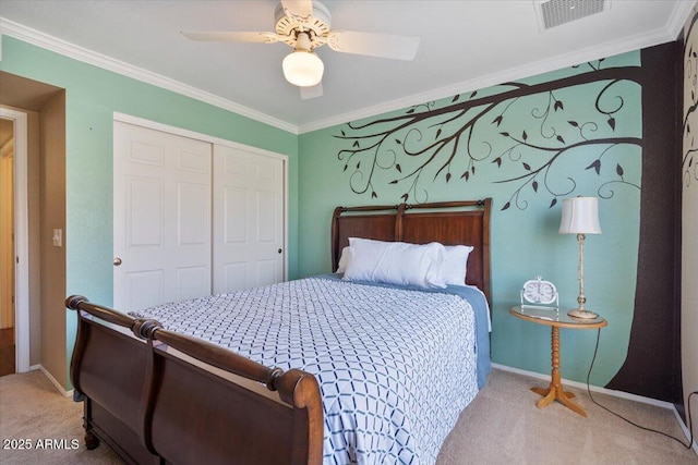 1670 E Whitten St, Chandler, AZ 85225 - carpeted bedroom with a closet, crown molding, baseboards, and a ceiling fan